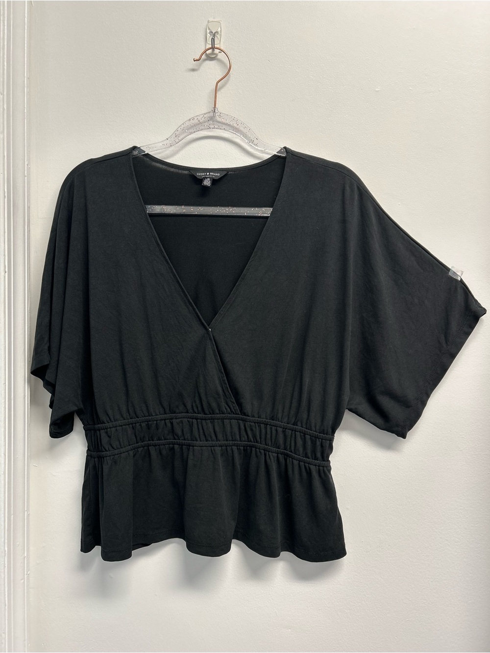 Lucky Brand Black V-Neck Faux Wrap Cinched Waist Peplum Top